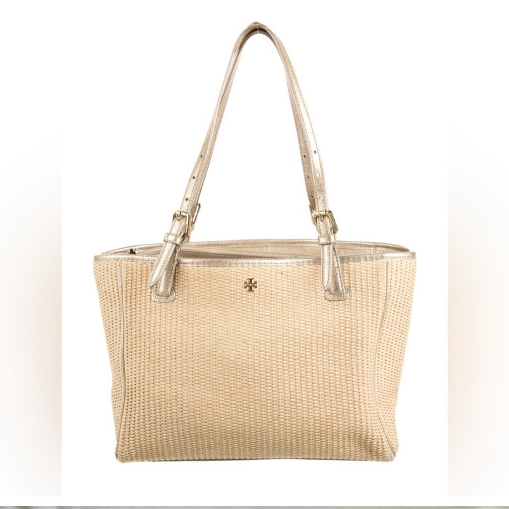 Tory Burch Trimmed Raffia Leather Tote Bag